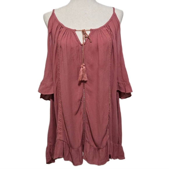 Knox Rose Tops - Knox Rose Dusty Rose Cold Shoulder Boho Top With Tassel Tie And Lace Size Medium